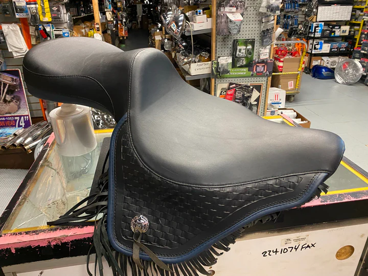 NOS Harley Seat Heritage Springer Softail FLSTS Blue Trim OEM Factory Skirt Fact - Image 3